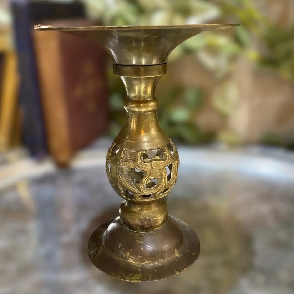 Vintage Solid Brass Open Work Pedestal Candle Holder Spike Plate Pillar